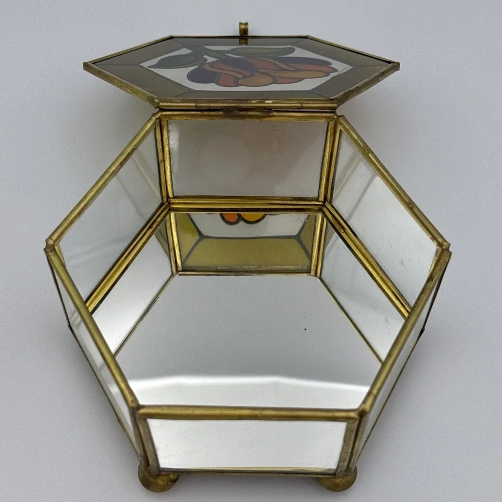 Stained Glass Mirror Brass Footed Trinket Box Flower Vintage Vanity Dresser